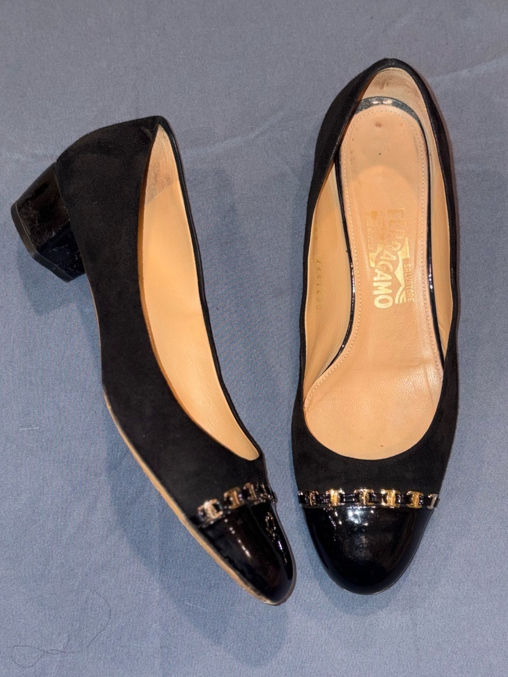 Salvatore Ferragamo Black Suede and Patent Pumps